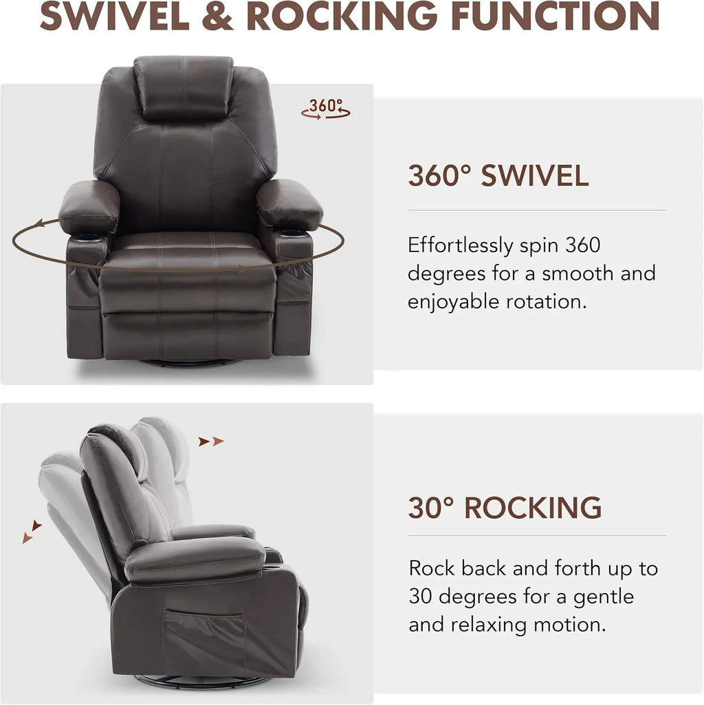 Oversized Swivel Rocker Recliner Chair with Heat and Massage, 360 Degree Swivel Rocking Single Sofa with Cup Holders and USB Port, Large Big Recliner Chair for Living Room (Leather, Brown) - image 40