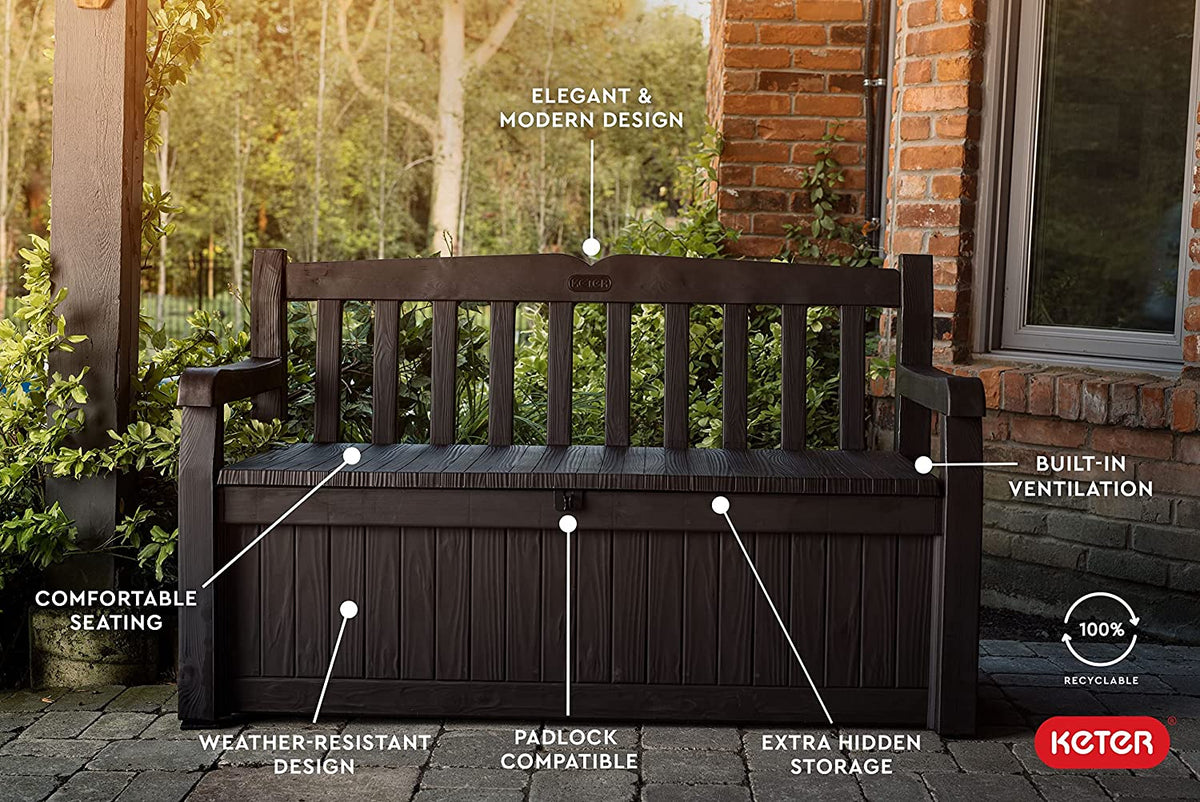 Keter Solana 70 Gallon Storage Bench Deck Box for Patio Furniture, Front Porch Decor and Outdoor Seating – Perfect to Store G