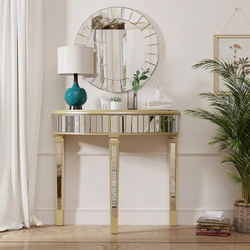 Silver Mirrored Half Moon Console Sofa Table - 35.4 x 31.6 Inches - image 3