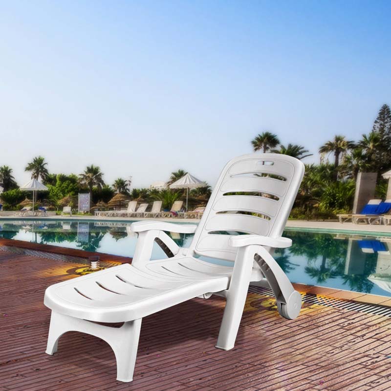 Rolling Folding Plastic Pool Lounge Chair With Armrests 5 Position Outdoor Sun Lounger Patio Deck Chair Beach Chair - Comfort
