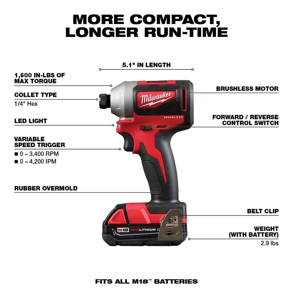 M18 18V Lithium-Ion Brushless Cordless Compact Drill/Impact Combo Kit (2-Tool) W/ (2) 2.0Ah Batteries, Charger & Bag 2892-22CT - image 4