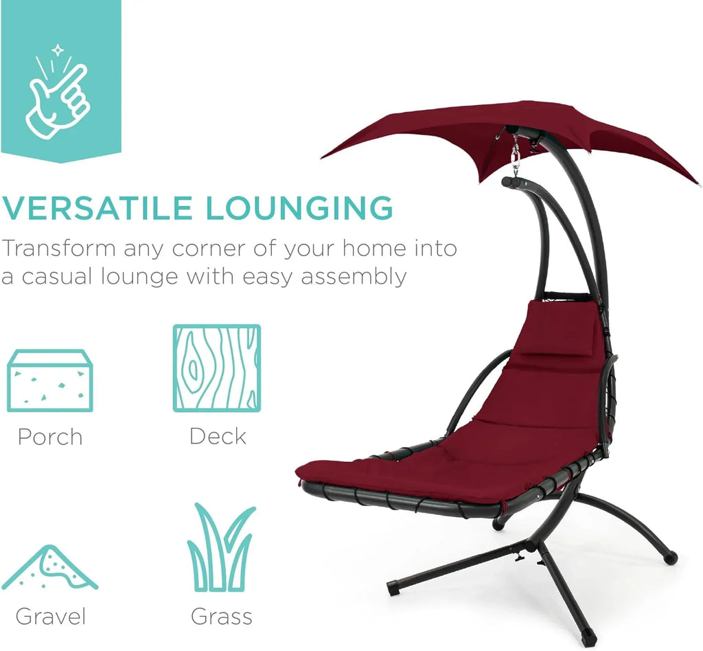 Best Choice Products Outdoor Hanging Curved Steel Chaise Lounge Chair Swing w/Built-in Pillow and Removable Canopy - Charcoal