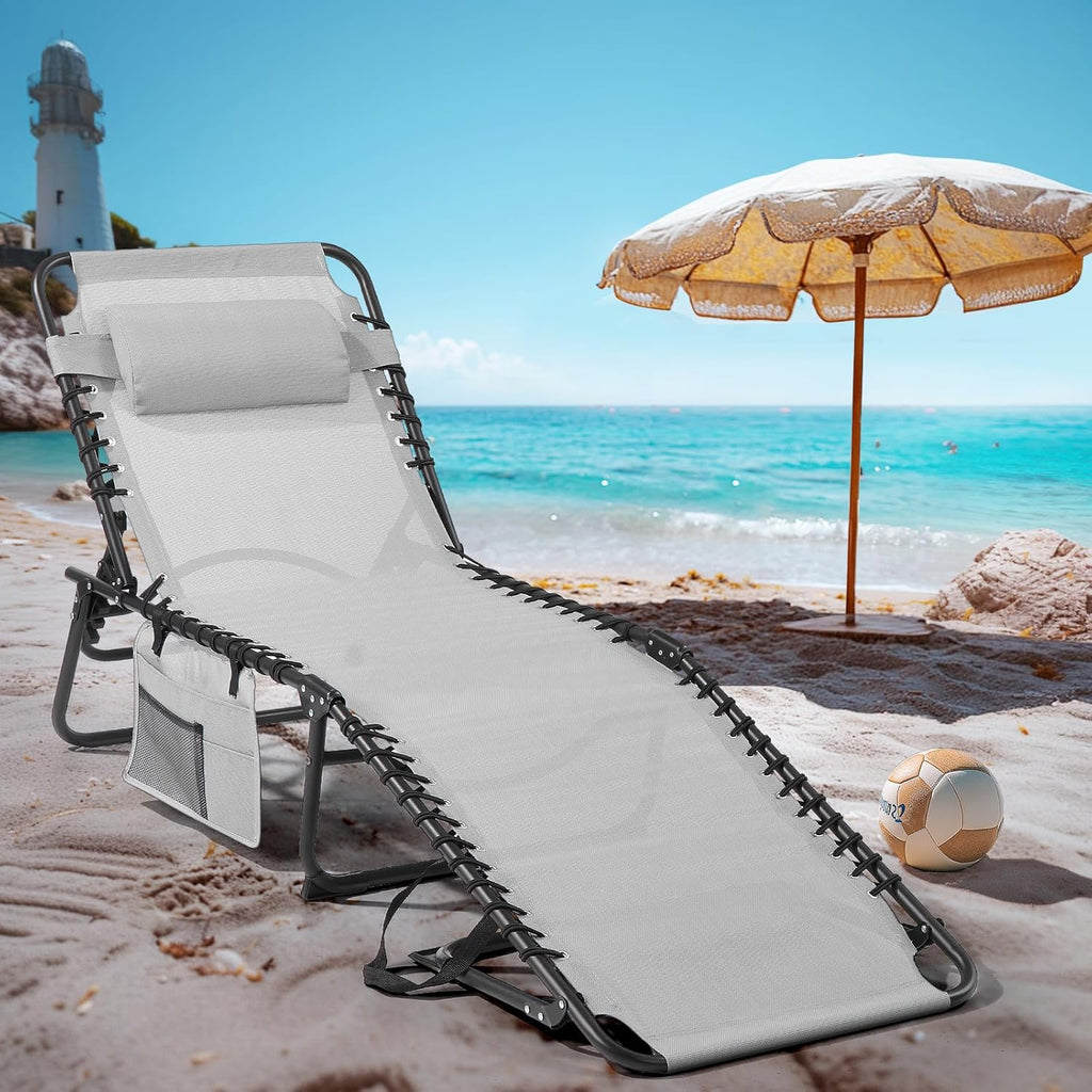 Unovivy Outdoor Chaise Lounge Chairs Set of 2, Portable Folding Pool Lounge Chair with 5-Position Reclining Back, Teslin Tann