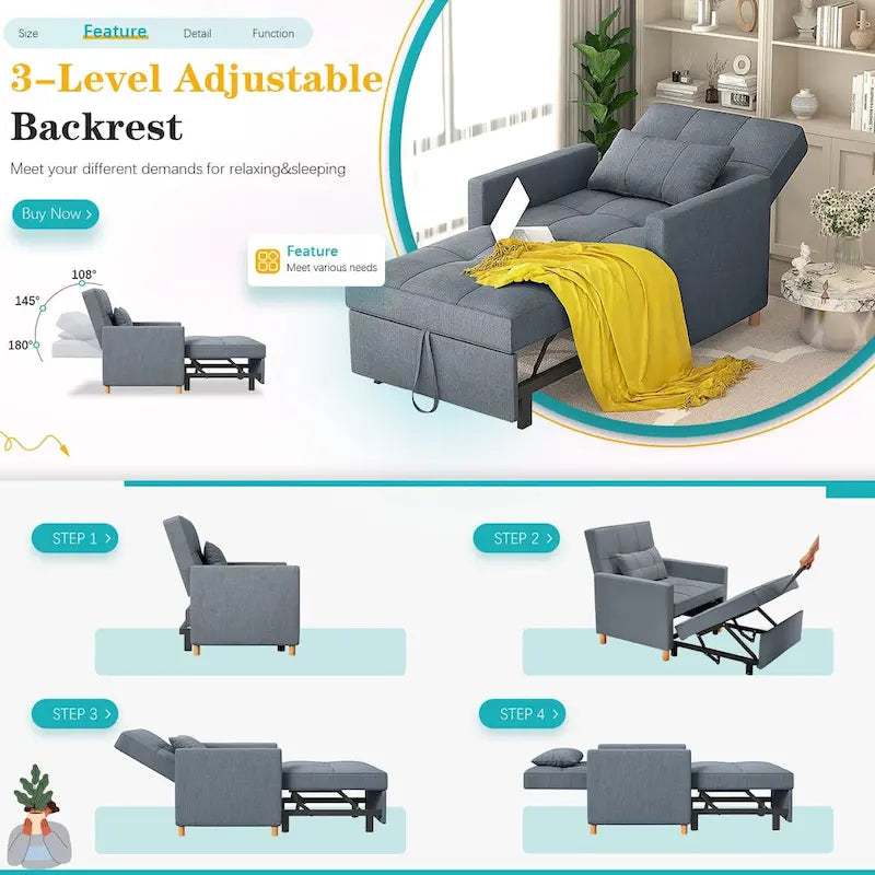 AECOJOY 3-in-1 Convertible Sleeper Sofa Chair with Pillow and Adjustable Backrest - image 25