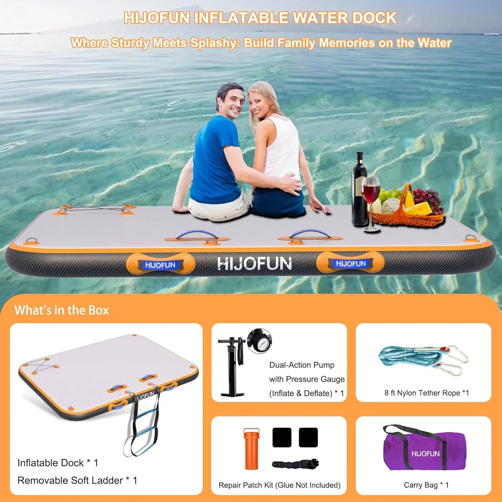 Inflatable floating dock platform - 6-inch thick military-grade polyvinyl chloride material, EVA anti-slip deck | Suitable fo