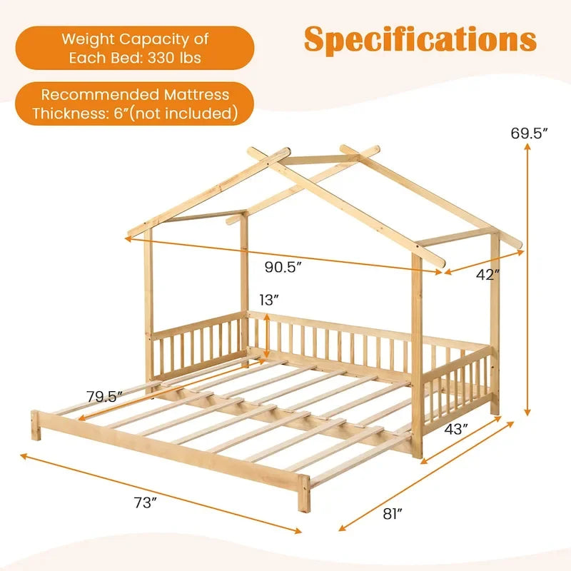 Gymax Twin to King Wooden House Bed Daybed with Safety Rails & Customizable Design - image 17