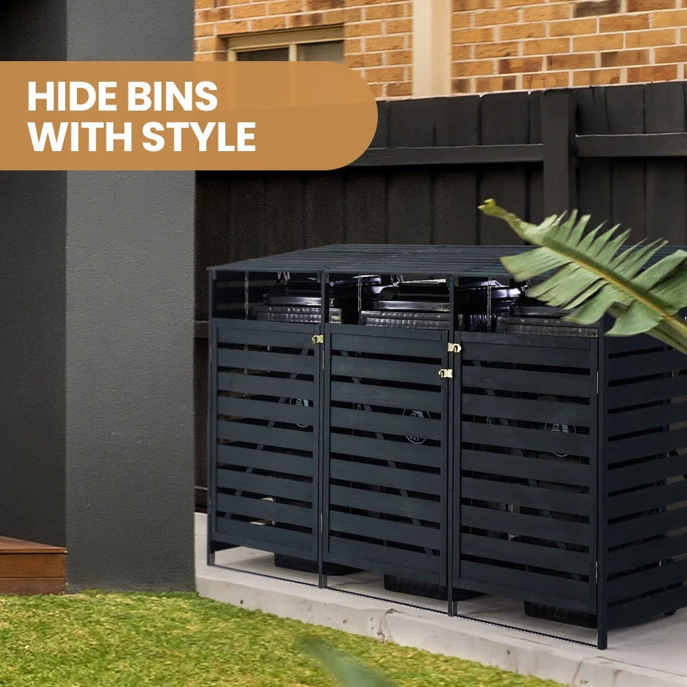 PLANTCRAFT Triple Wood Wheelie Bins Storage Shed, 3 Door Garbage Rubbish Bin Enclosure - image 3