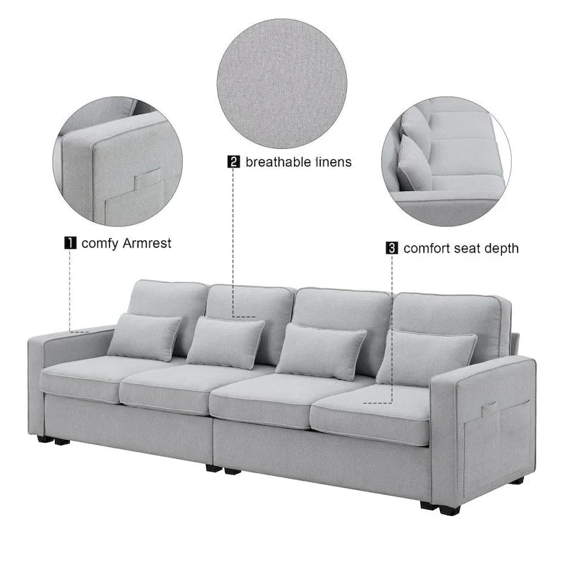 104-Inch Modern Linen Fabric Sofa for 4 with Armrest Pockets and 4 Cushions - image 10