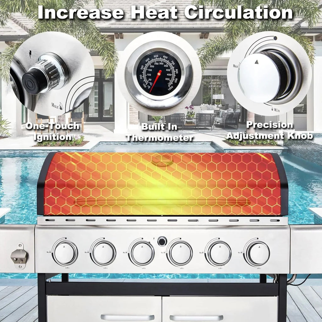 Upgraded 4 Burner BBQ Propane Gas Grill with Cast Iron Grates & Side Stove, 44,000 BTU Stainless Steel Burner Barbecue Grill 