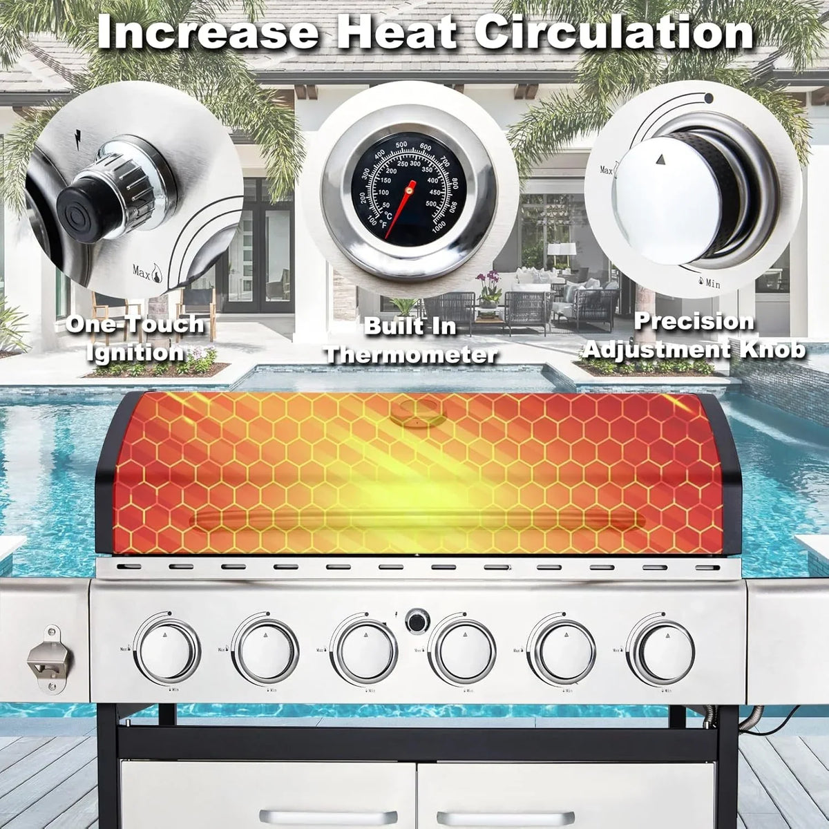Upgraded 4 Burner BBQ Propane Gas Grill with Cast Iron Grates & Side Stove, 44,000 BTU Stainless Steel Burner Barbecue Grill 