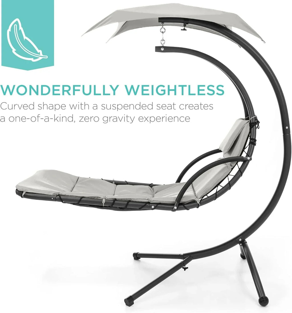 Best Choice Products Outdoor Hanging Curved Steel Chaise Lounge Chair Swing w/Built-in Pillow and Removable Canopy - Charcoal