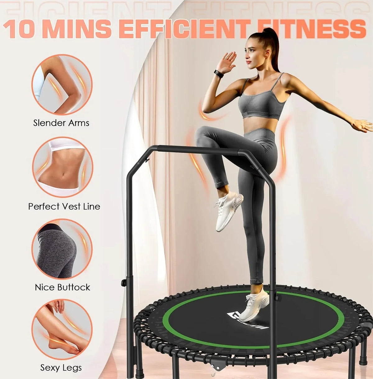 BCAN 450/550 LBS Foldable Mini Trampoline, 40"/48" Fitness Trampoline with Bungees, U Shape Adjustable Foam Handle, Stable & Quiet Exercise Rebounder for Adults Indoor/Outdoor Workout - image 14