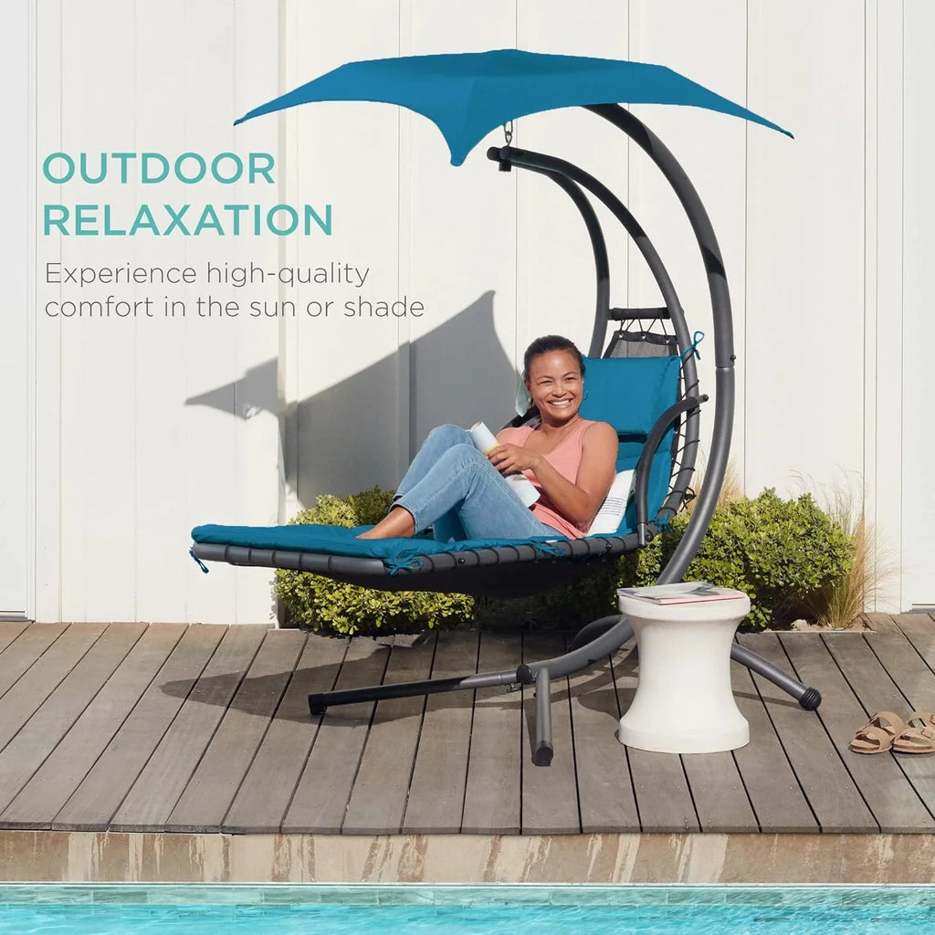 Best Choice Products Outdoor Hanging Curved Steel Chaise Lounge Chair Swing w/Built-in Pillow and Removable Canopy - Charcoal