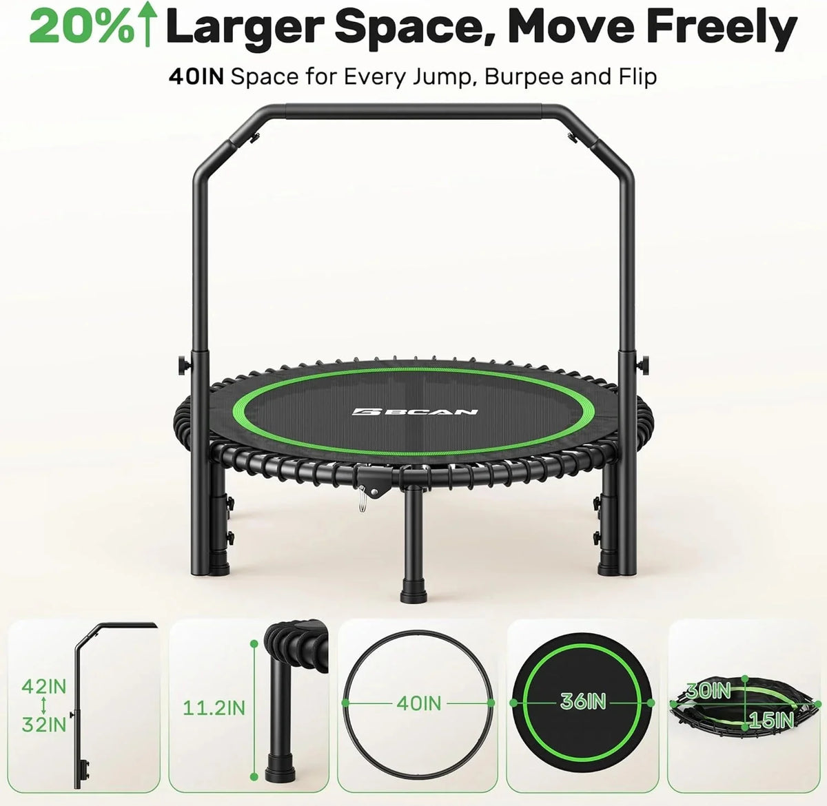 BCAN 450/550 LBS Foldable Mini Trampoline, 40"/48" Fitness Trampoline with Bungees, U Shape Adjustable Foam Handle, Stable & Quiet Exercise Rebounder for Adults Indoor/Outdoor Workout - image 33