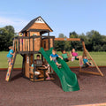 Canyon Creek Cedar Wood Swing Set with Wave Slide, Clubhouse, Play Kitchen, Picnic Area, Belt Swings, Web Swing, Rock Wall, B
