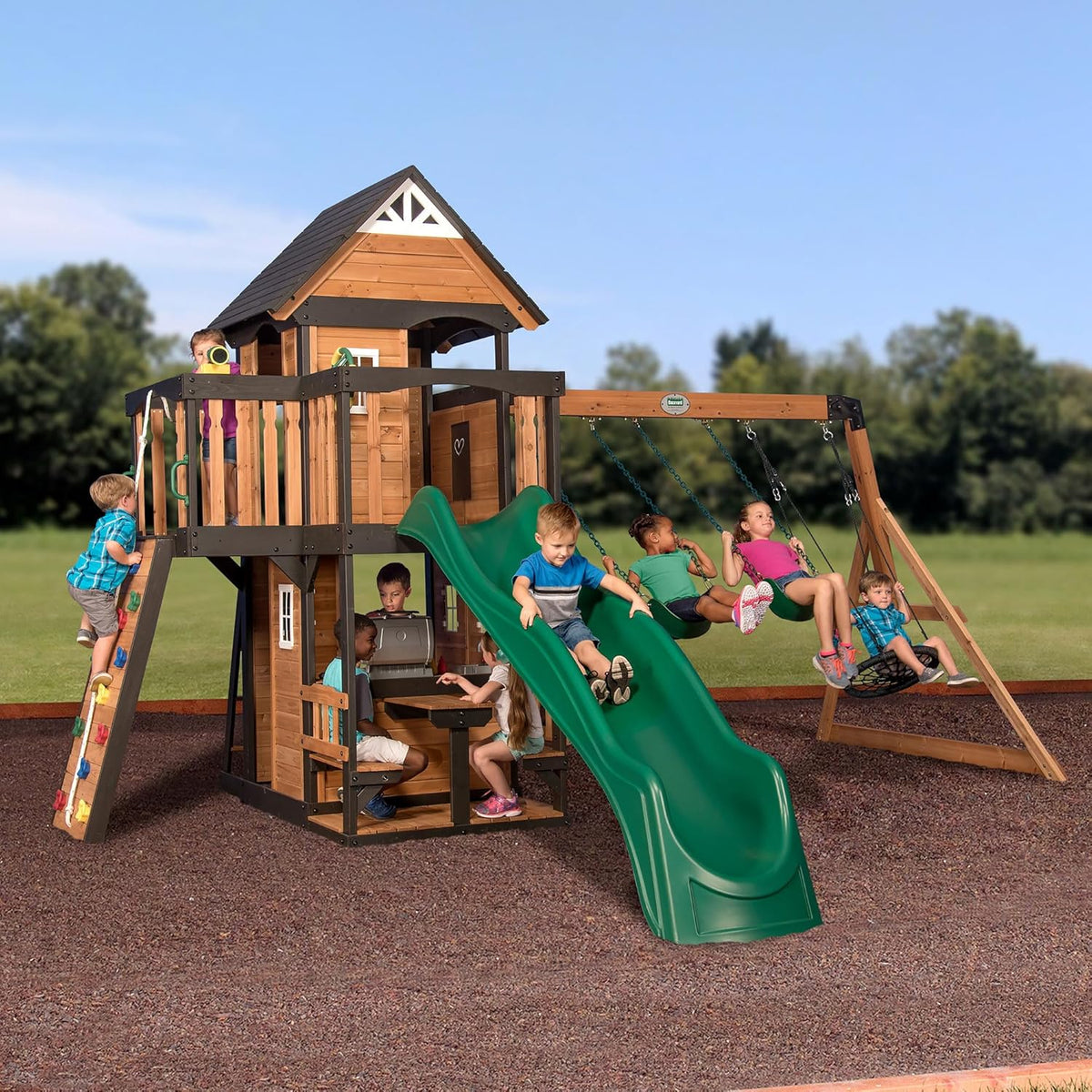 Canyon Creek Cedar Wood Swing Set with Wave Slide, Clubhouse, Play Kitchen, Picnic Area, Belt Swings, Web Swing, Rock Wall, B