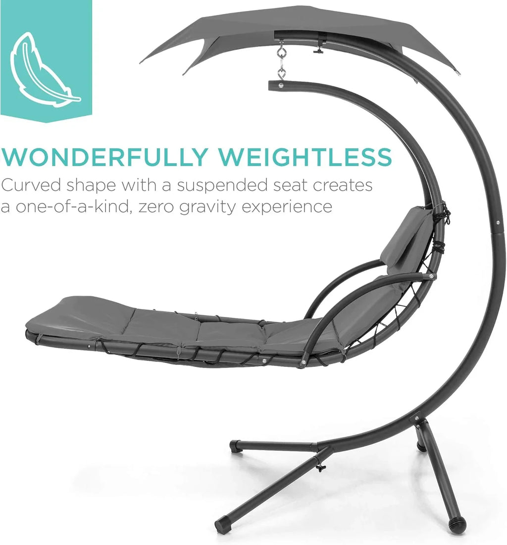 Best Choice Products Outdoor Hanging Curved Steel Chaise Lounge Chair Swing w/Built-in Pillow and Removable Canopy - Charcoal