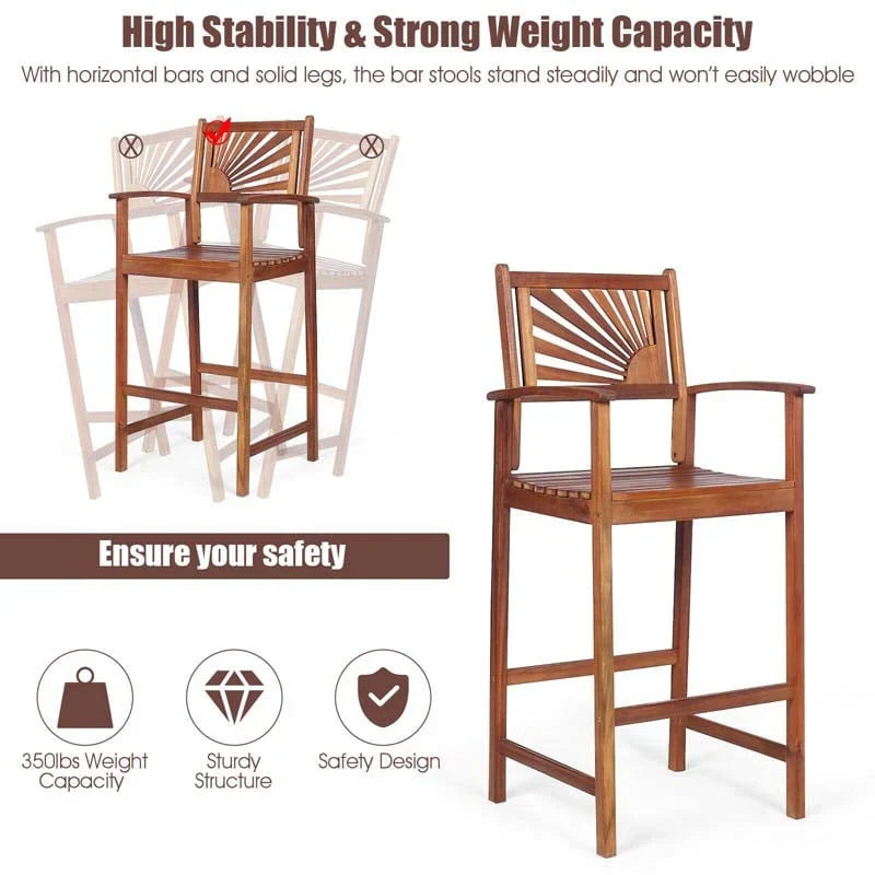 2 Pack Acacia Wood Bar Stools Outdoor Patio Bar Chairs With Sunflower Backrest Amp Curved Armrests - Comfortable And Ergonomi