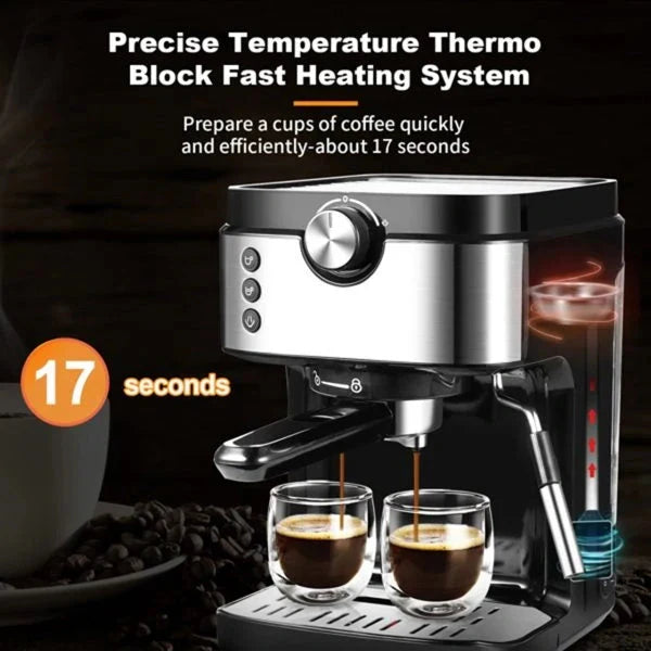 Steam Espresso Machine, Latte and Cappuccino Maker with Milk Frother, 20 Bar Italian Pump, Automatic Setting of Coffee Volume