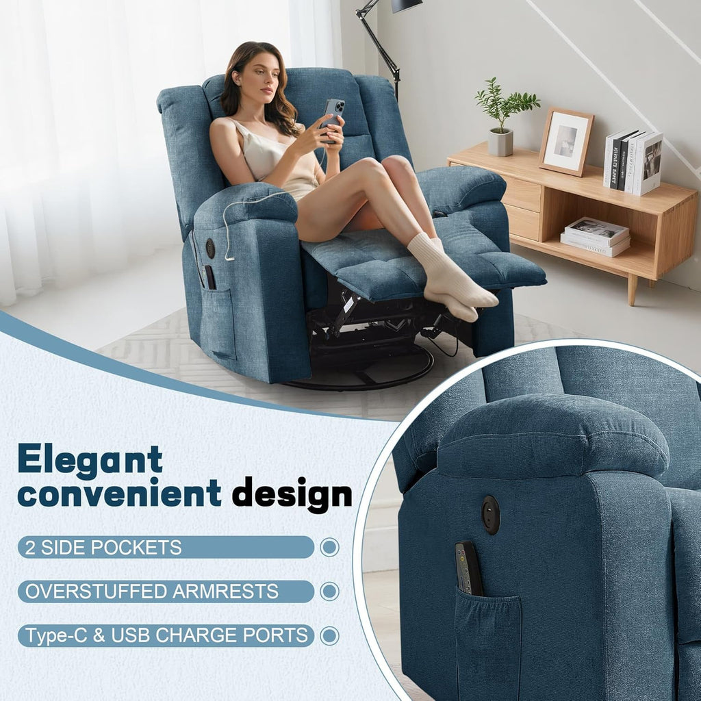 Rocker Recliner, Glider Recliner Chairs for Adults, 360° Swivel Rocking Chair with Massage and Heating, Nursery Chair with Storage and USB Charging for Living Room, Bedroom, Nursery - image 19