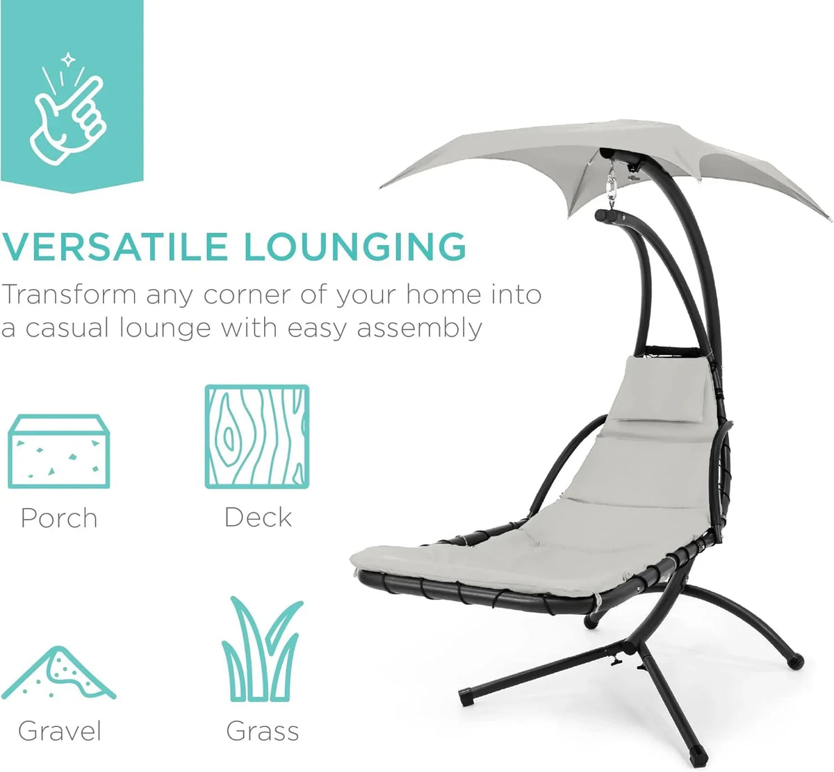 Best Choice Products Outdoor Hanging Curved Steel Chaise Lounge Chair Swing w/Built-in Pillow and Removable Canopy - Charcoal