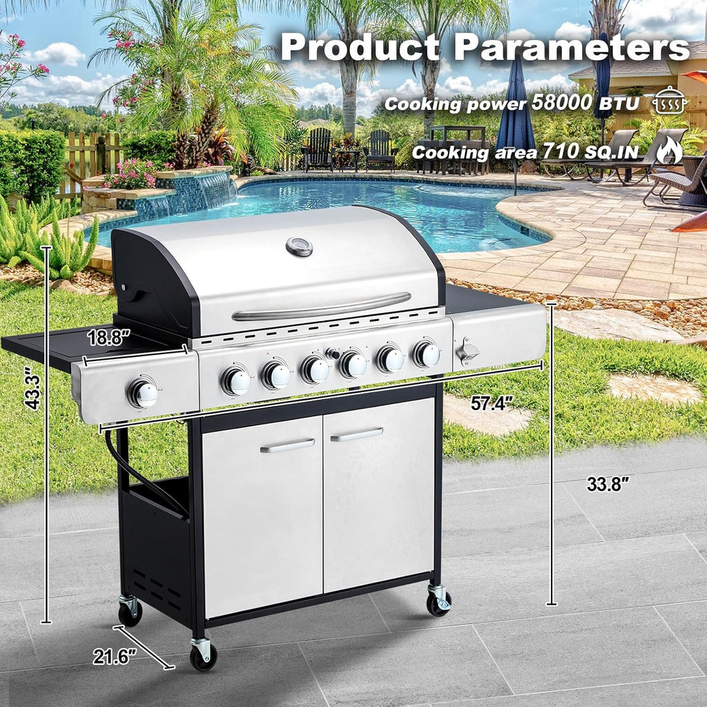 Upgraded 4 Burner BBQ Propane Gas Grill with Cast Iron Grates & Side Stove, 44,000 BTU Stainless Steel Burner Barbecue Grill 
