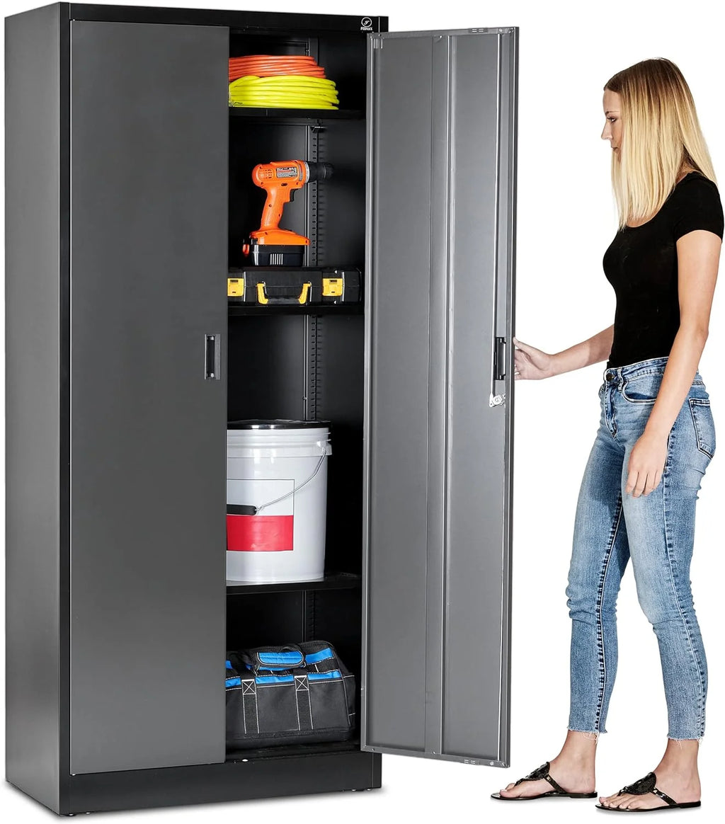 Heavy Duty Metal Garage Locker - 71 "tall large steel multipurpose locker with adjustable shelves and door locks - black and silver - image 1