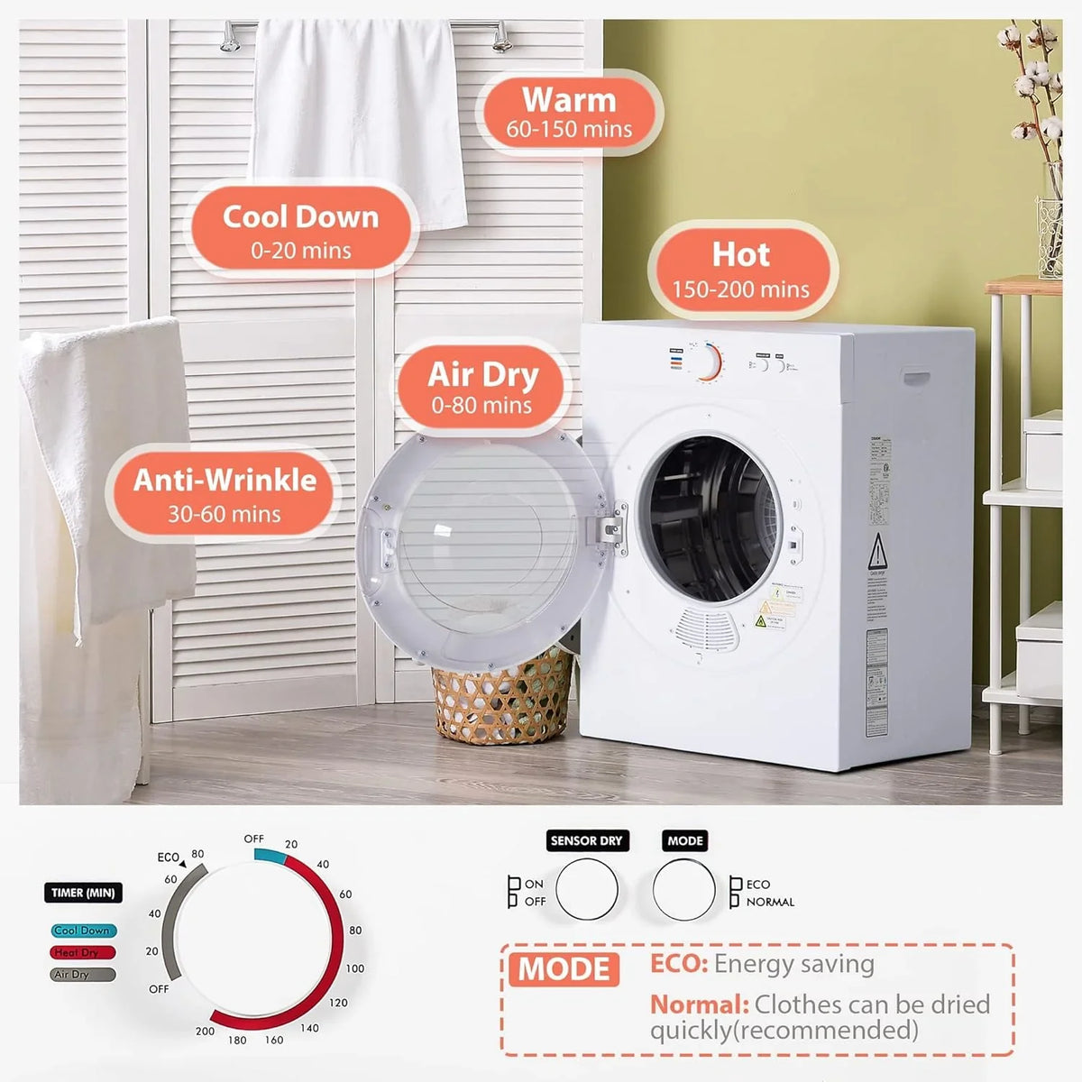 Compact Dryer 1.8 cu. ft. Portable Clothes Dryers with Exhaust Duct