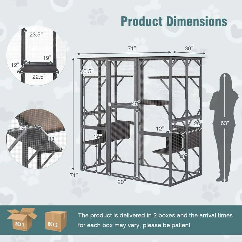 71" Tall Large Cat House Outdoor Catio Kitty Enclosure, Walk-in Cat Kennel Condo, Wooden Cat Cage Playpen with 7 Platforms - image 14