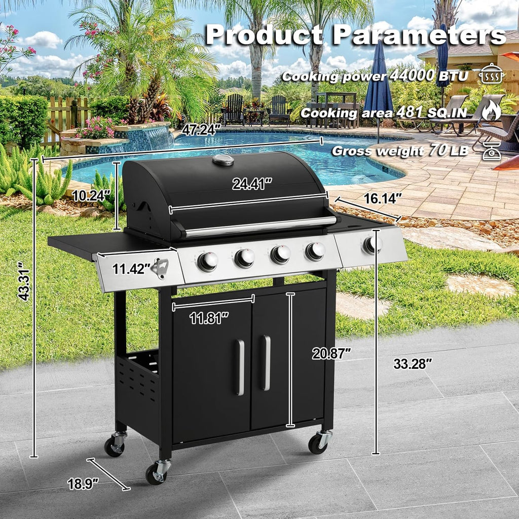 Upgraded 4 Burner BBQ Propane Gas Grill with Cast Iron Grates & Side Stove, 44,000 BTU Stainless Steel Burner Barbecue Grill 