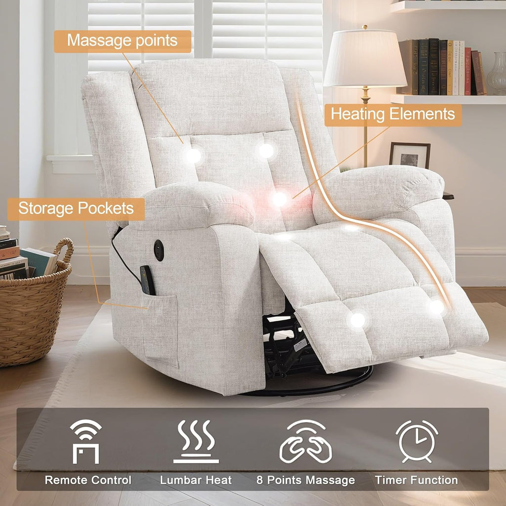 Rocker Recliner, Glider Recliner Chairs for Adults, 360° Swivel Rocking Chair with Massage and Heating, Nursery Chair with Storage and USB Charging for Living Room, Bedroom, Nursery - image 8