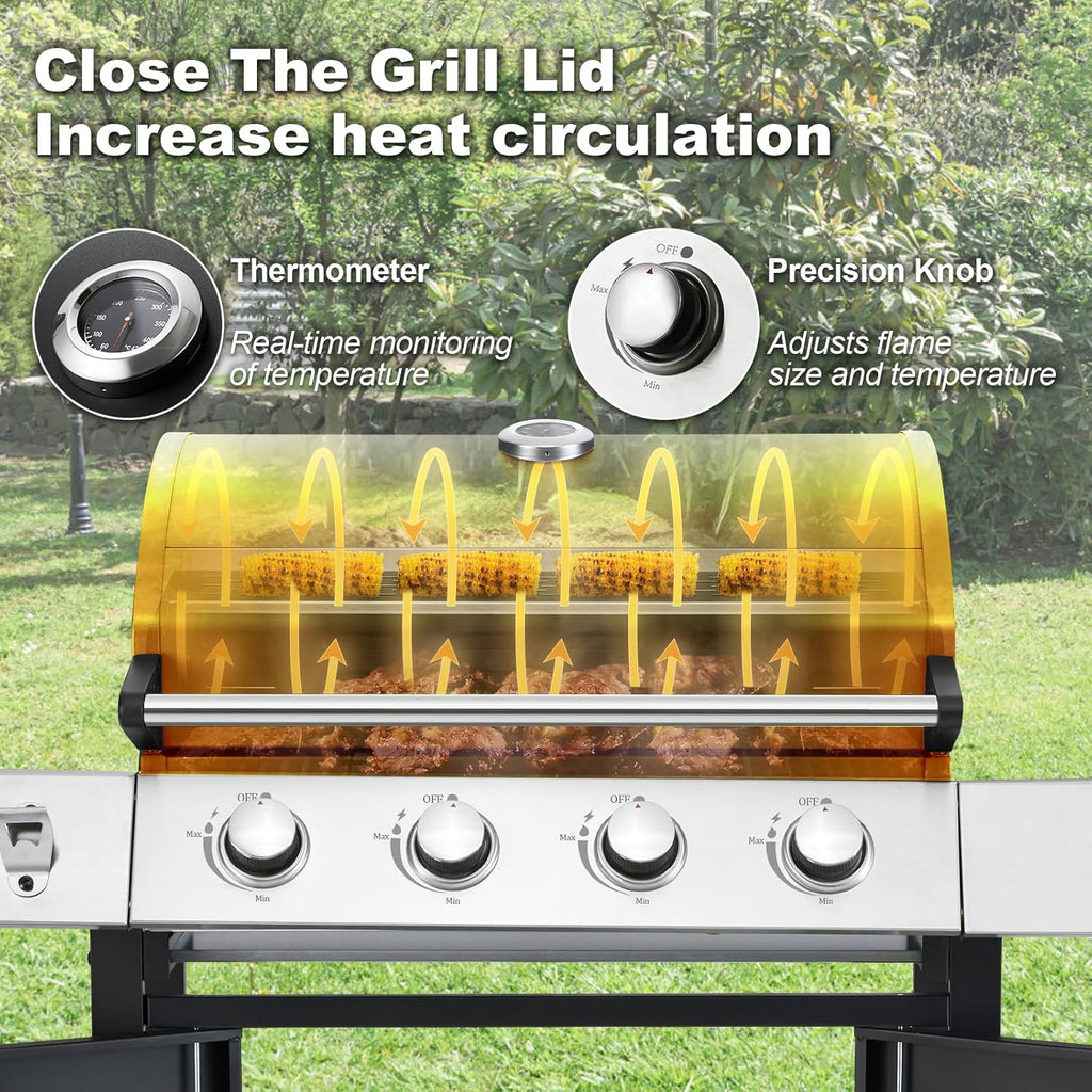 Upgraded 4 Burner BBQ Propane Gas Grill with Cast Iron Grates & Side Stove, 44,000 BTU Stainless Steel Burner Barbecue Grill 