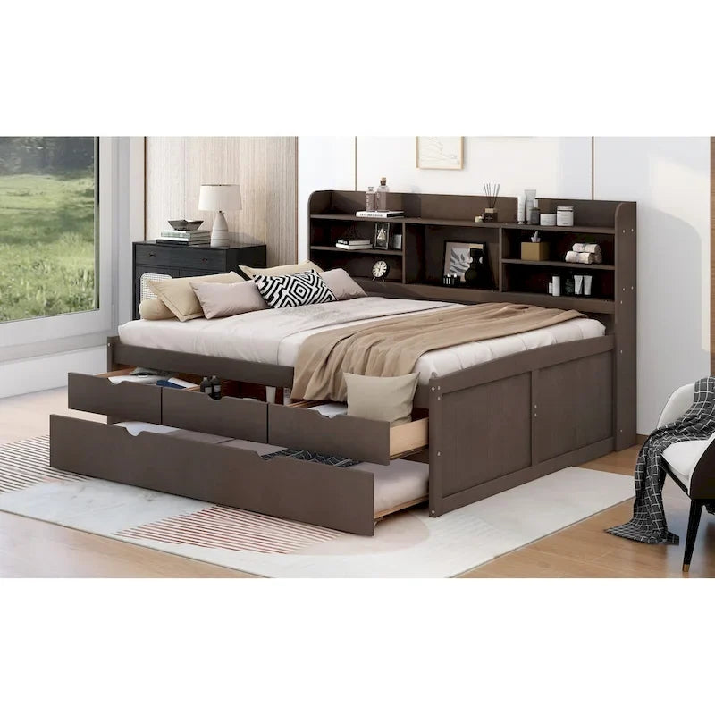 Antique Grey Full-Size Wooden Captain Bed with Built-in Bookshelves, Three Storage Drawers, and Trundle - image 4