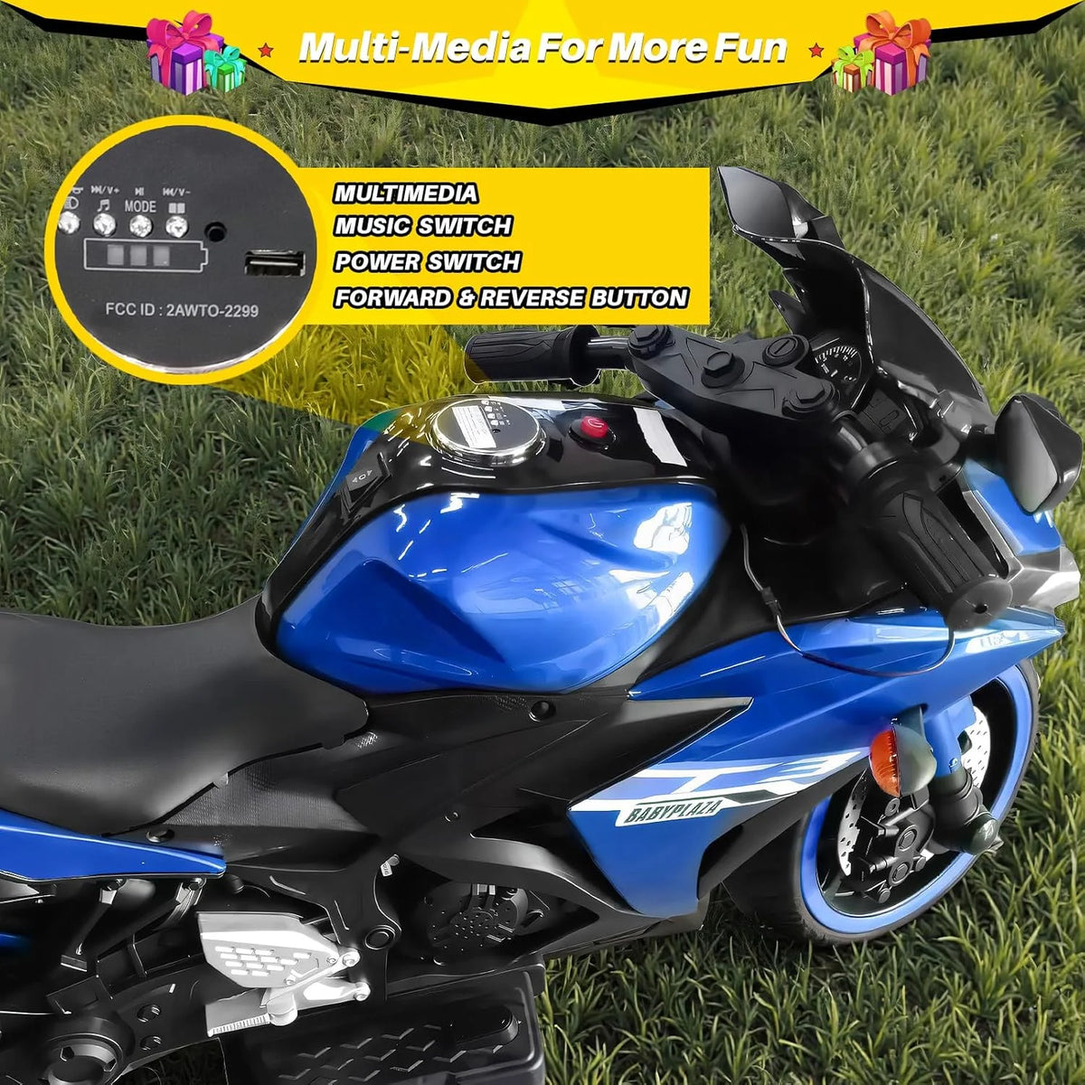 2 Seats Electric Dirt Bike Motorcycle for Kid 3 - 8, 12V Kids Motorcycle with Manual Throttle, Lighting Wheels, Music Function, Max Load 99 lb (Blue) - image 5