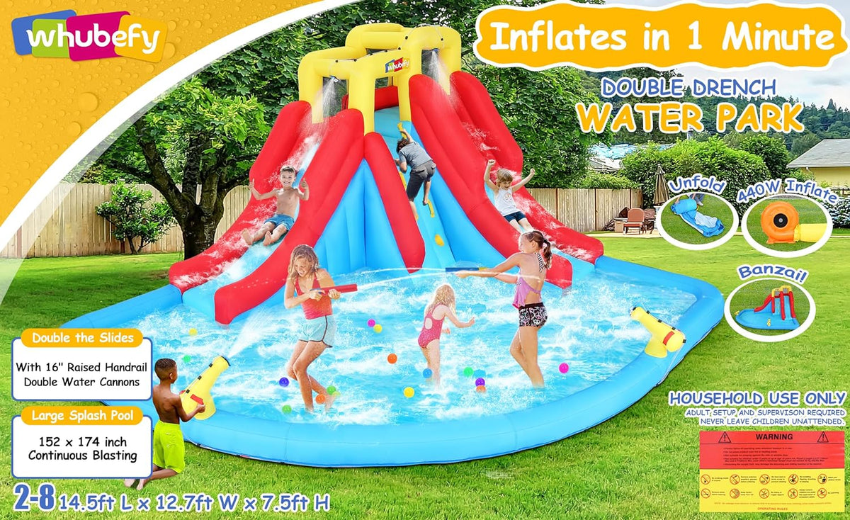 Inflatable Water Slides for Kids 8-in-1 Bounce House Water Park with 450W Blower Climbing Wall, Splash Pool, 2 Water Cannons,