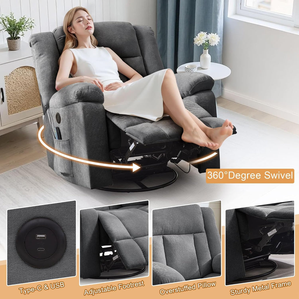 Rocker Recliner, Glider Recliner Chairs for Adults, 360° Swivel Rocking Chair with Massage and Heating, Nursery Chair with Storage and USB Charging for Living Room, Bedroom, Nursery - image 37