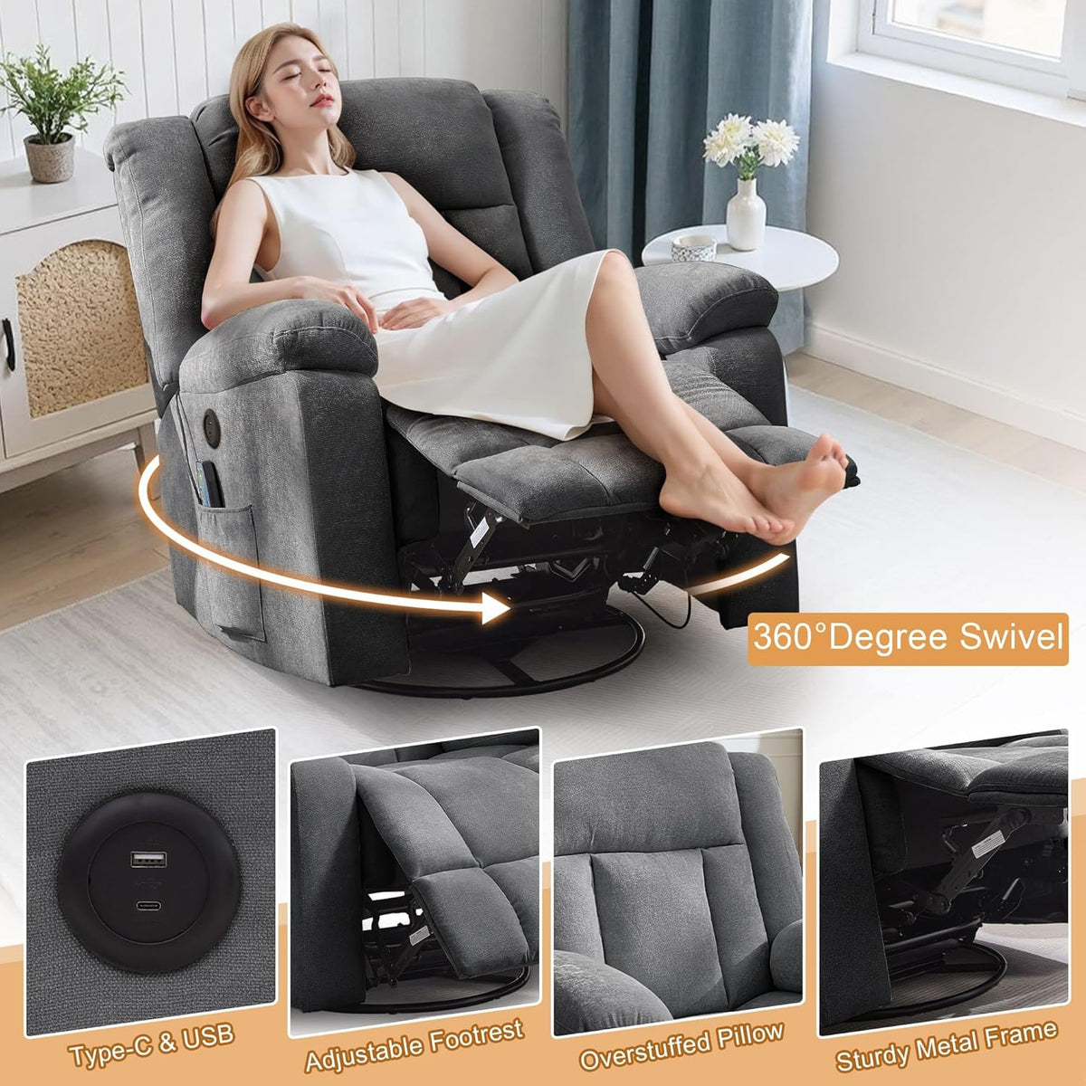 Rocker Recliner, Glider Recliner Chairs for Adults, 360° Swivel Rocking Chair with Massage and Heating, Nursery Chair with Storage and USB Charging for Living Room, Bedroom, Nursery - image 37