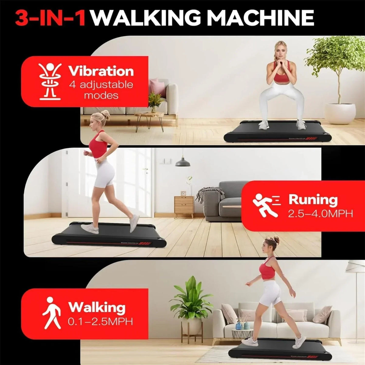 Walking Vibration Pad with APP, 3 in 1 Under Desk Treadmill, 2.5HP Low Noise Walking Treadmill Pad with Remote Control,Portab