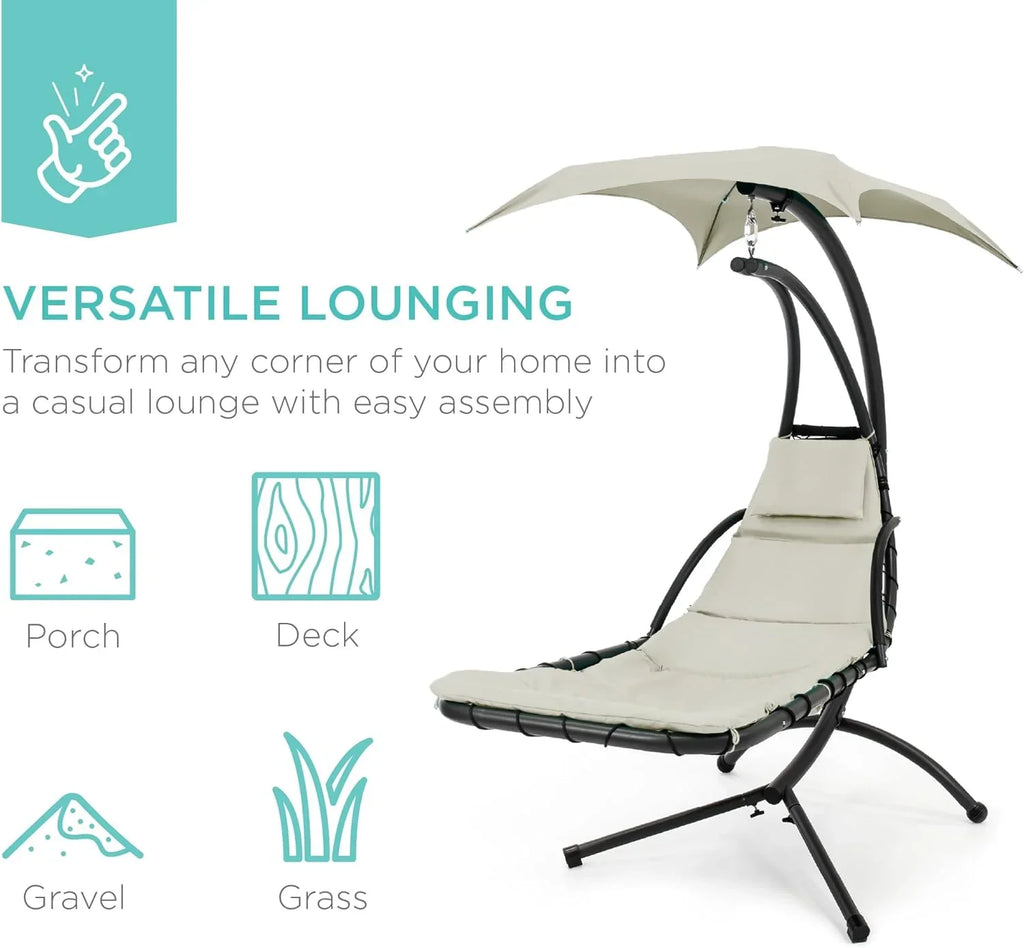 Best Choice Products Outdoor Hanging Curved Steel Chaise Lounge Chair Swing w/Built-in Pillow and Removable Canopy - Charcoal