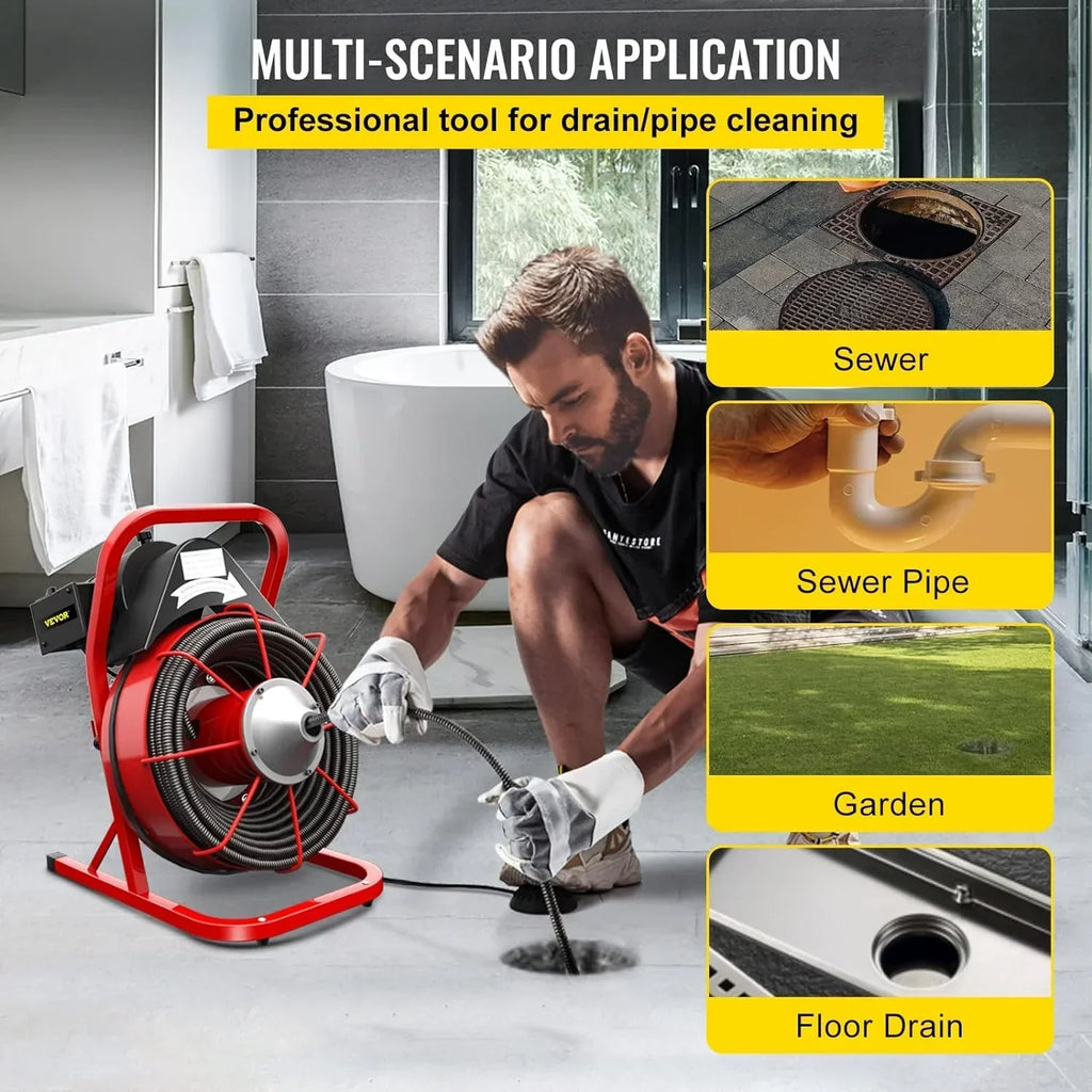 Electric Drain Cleaner Machine by Brand, 75 Ft x 3/8 Inch, Fits 1-4 Inch Pipes, Portable with 4 Cutters, Powerful Plumbing To