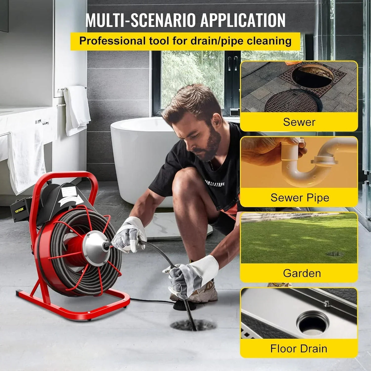 Electric Drain Cleaner Machine by Brand, 75 Ft x 3/8 Inch, Fits 1-4 Inch Pipes, Portable with 4 Cutters, Powerful Plumbing To