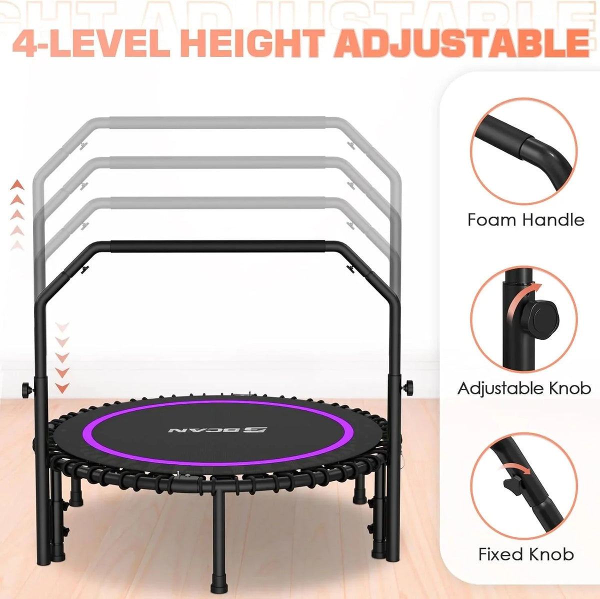 BCAN 450/550 LBS Foldable Mini Trampoline, 40"/48" Fitness Trampoline with Bungees, U Shape Adjustable Foam Handle, Stable & Quiet Exercise Rebounder for Adults Indoor/Outdoor Workout - image 71