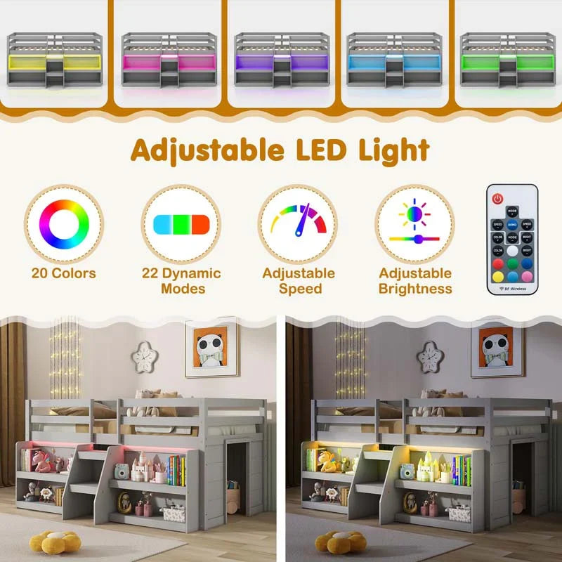 Kids Twin Size Loft Bed with LED Lights, Stairs & Safety Guardrail, Storage Bookcase and Under-bed Play Space - image 6