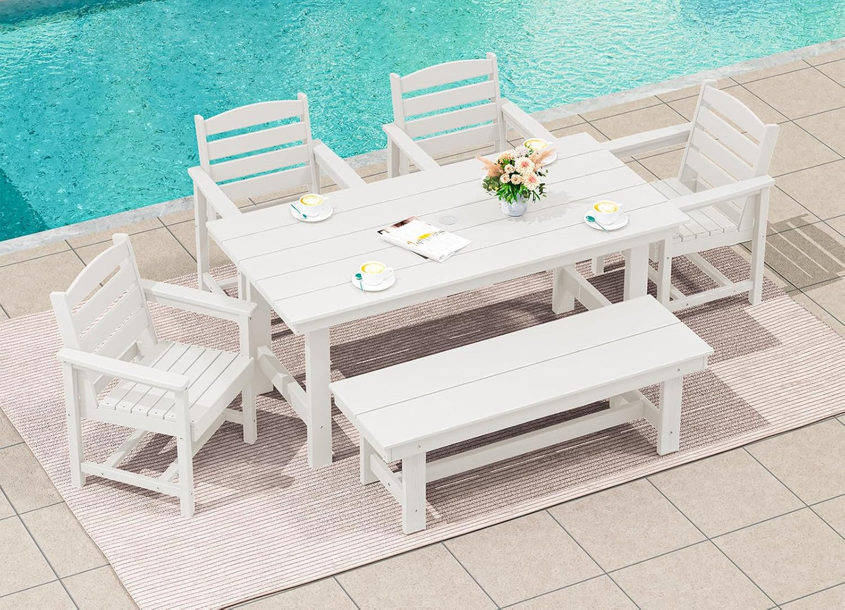 SERWALL 7-Piece Patio Table Set, Outdoor HDPE Dining Furniture with Umbrella Hole, All Weather Table and Chairs for Lawn, Garden, Poolside, Aruba - image 121