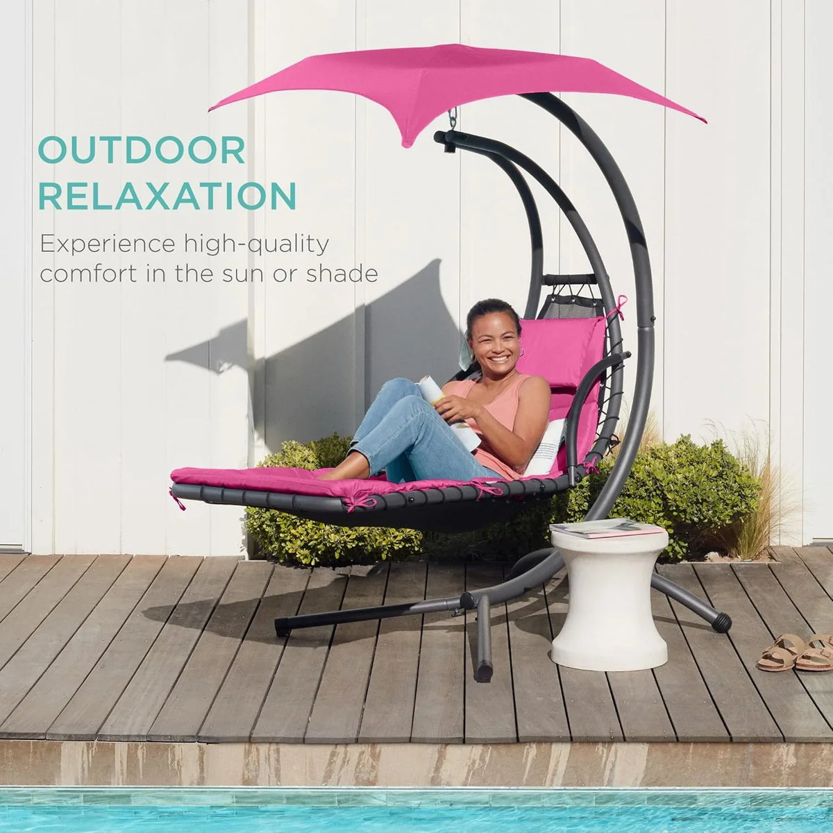 Best Choice Products Outdoor Hanging Curved Steel Chaise Lounge Chair Swing w/Built-in Pillow and Removable Canopy - Charcoal