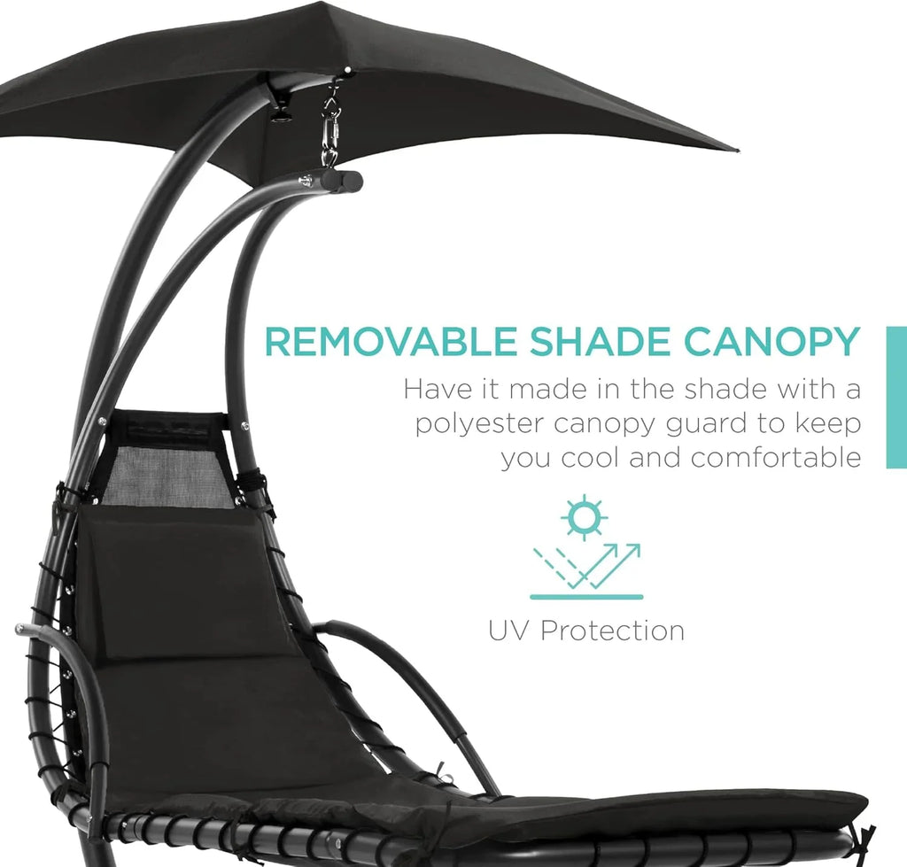 Best Choice Products Outdoor Hanging Curved Steel Chaise Lounge Chair Swing w/Built-in Pillow and Removable Canopy - Charcoal
