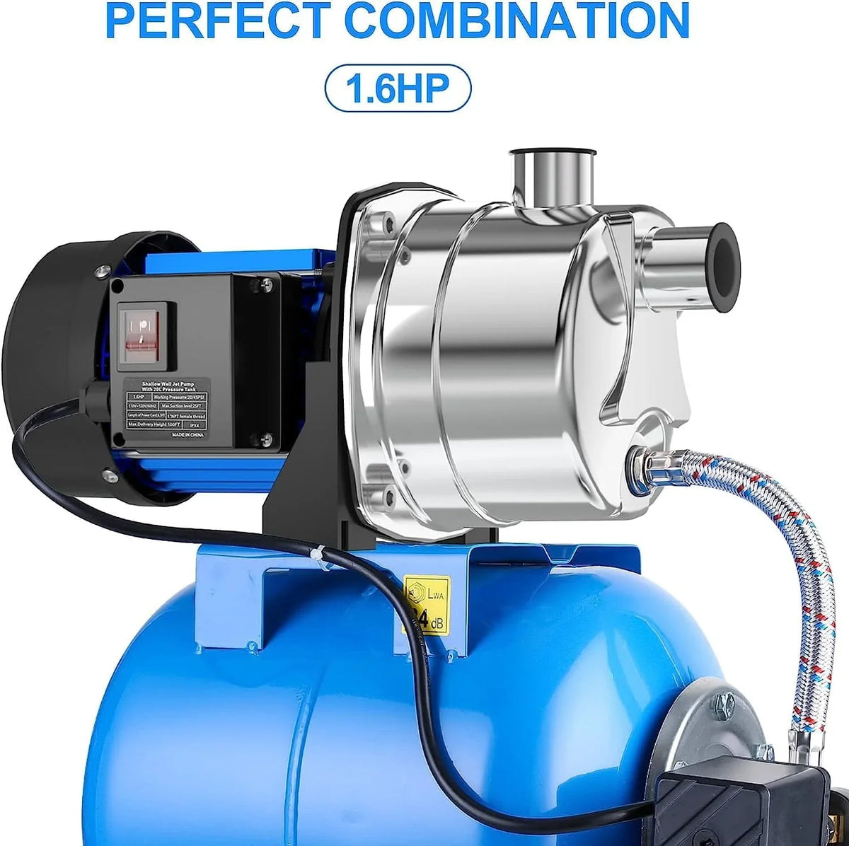 1.6HP Shallow Well Pump with Pressure Tank 1268 GPH Stainless Steel Jet Pump Transfer Drainage Booster Pump Garden Sprinkler 