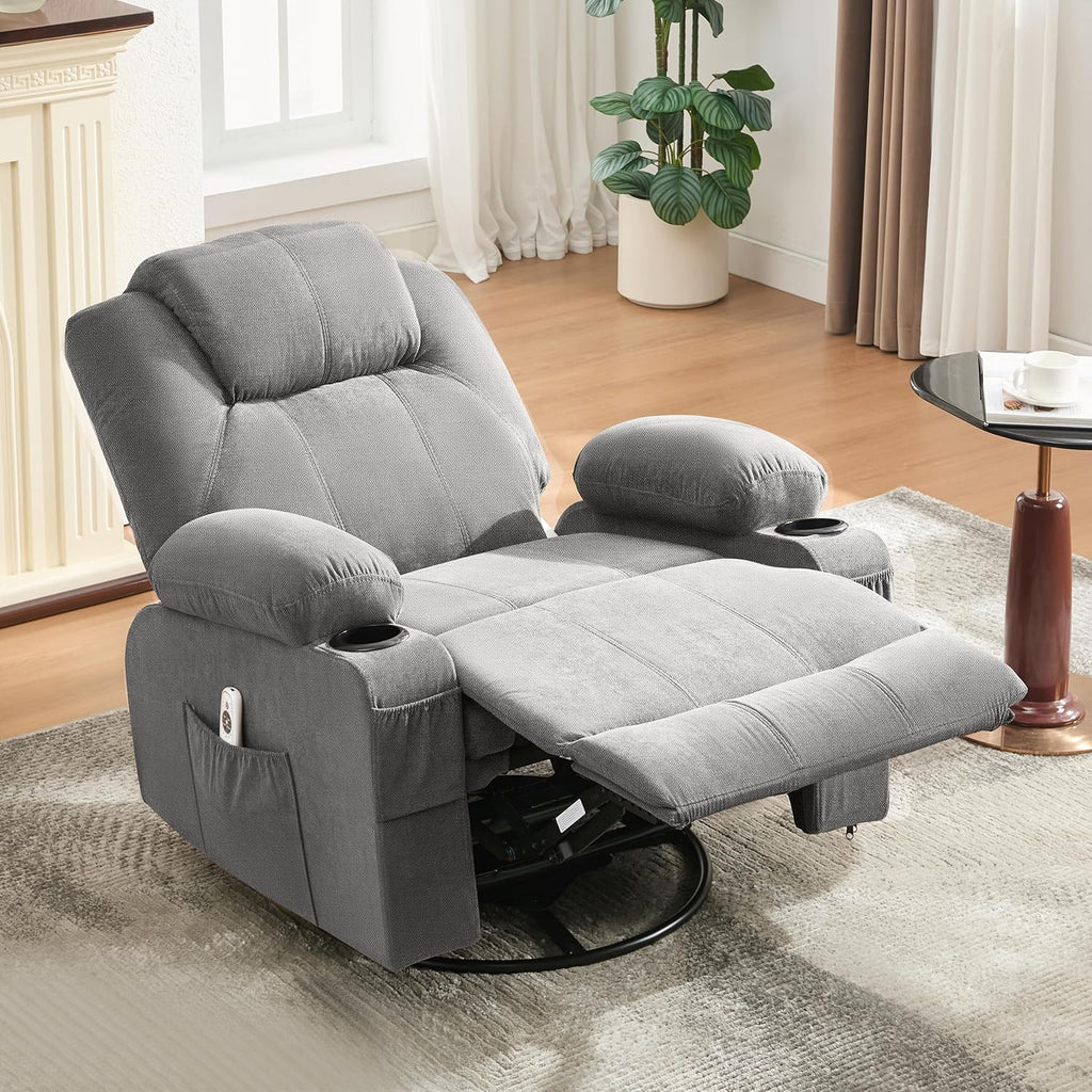 Oversized Swivel Rocker Recliner Chair with Heat and Massage, 360 Degree Swivel Rocking Single Sofa with Cup Holders and USB Port, Large Big Recliner Chair for Living Room (Leather, Brown) - image 37