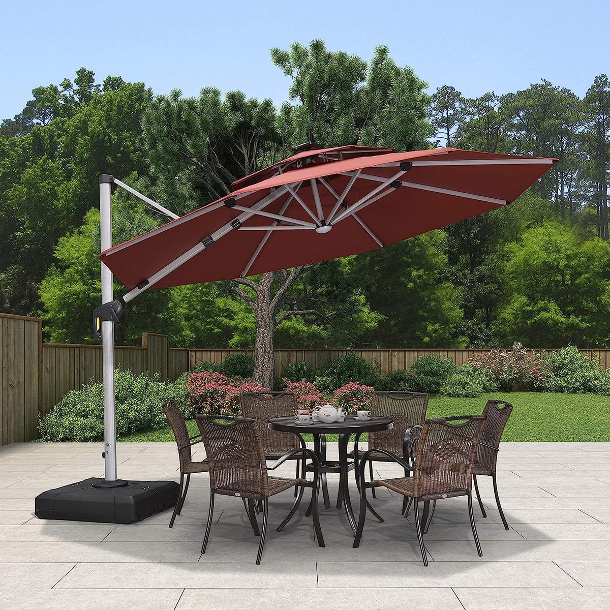 12ft Solar LED Patio Umbrella Outdoor Round Umbrella Large Cantilever Umbrella with LED Lights Windproof Bias Umbrella Heavy 