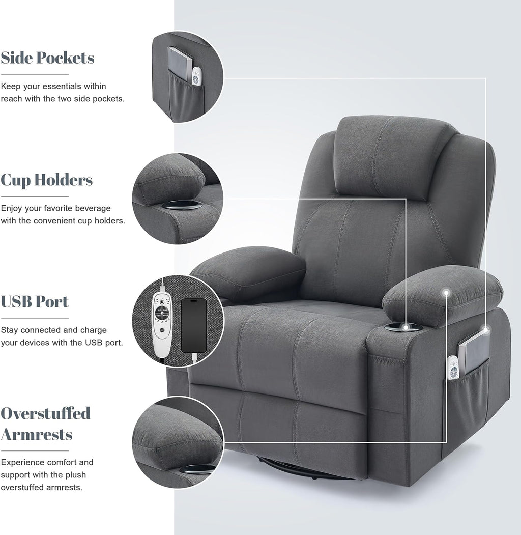 Oversized Swivel Rocker Recliner Chair with Heat and Massage, 360 Degree Swivel Rocking Single Sofa with Cup Holders and USB Port, Large Big Recliner Chair for Living Room (Leather, Brown) - image 48